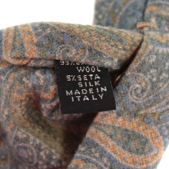 Kiton NWOT Wool/Silk Blend Neck Tie in Gray/Blue/Green/Beige/Mustard Paisley